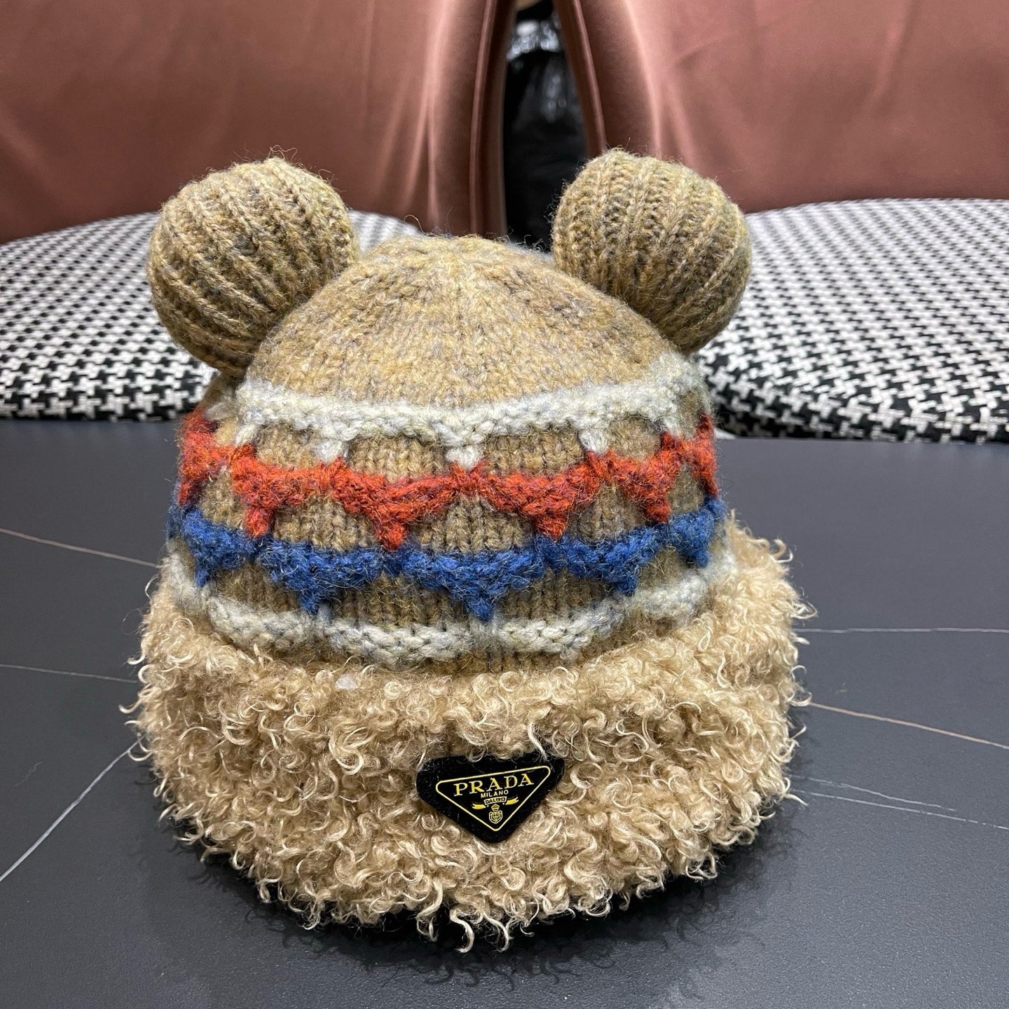 Prada 25 Cute Bear Ears Hat Brown Multicolor Knitted Woolen Fabric 125504