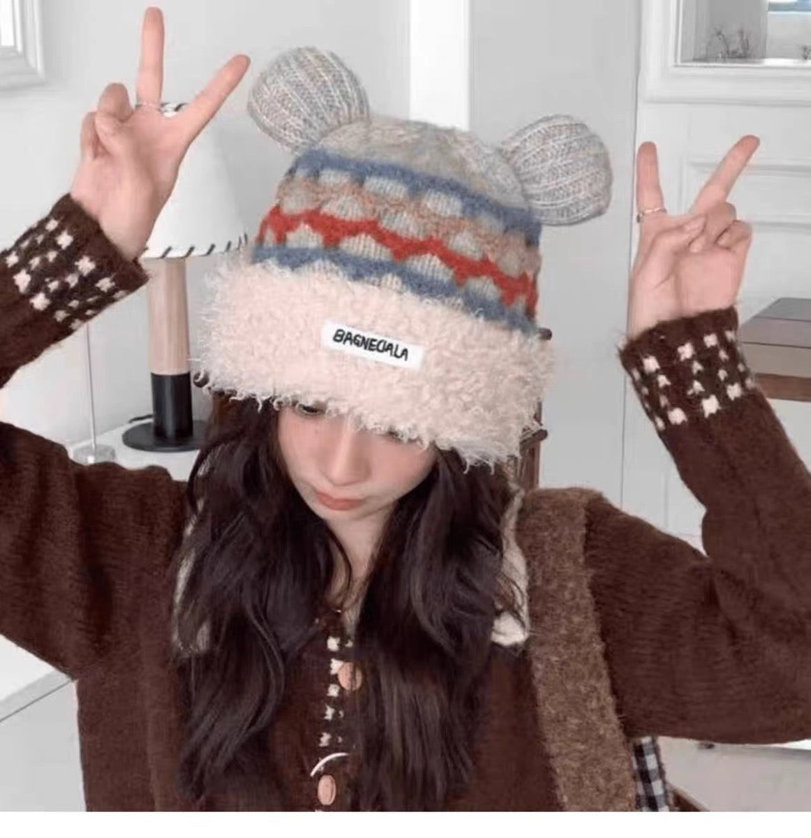 Prada 25 Cute Bear Ears Hat White Multicolor Knitted Woolen Fabric 125503