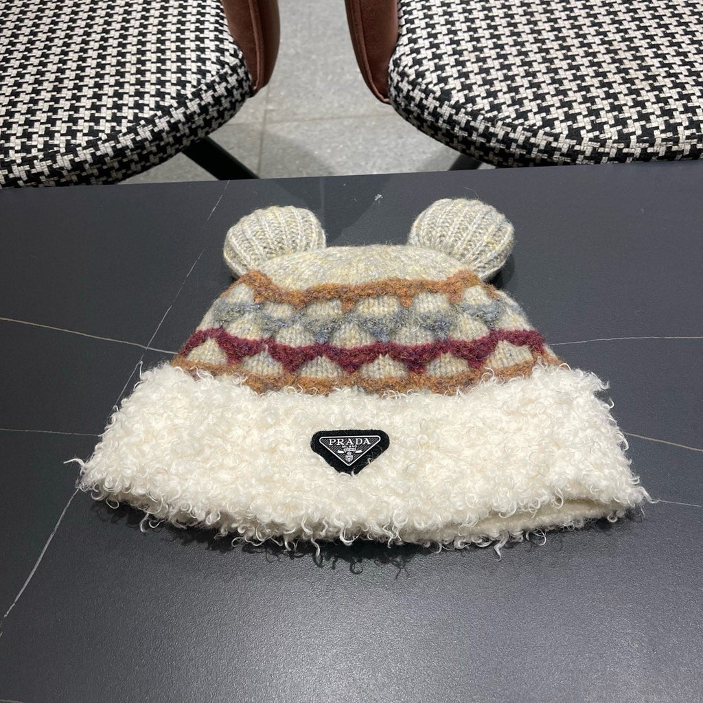 Prada 25 Cute Bear Ears Hat White Multicolor Knitted Woolen Fabric 125503