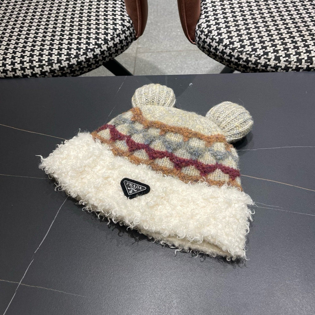 Prada 25 Cute Bear Ears Hat White Multicolor Knitted Woolen Fabric 125503