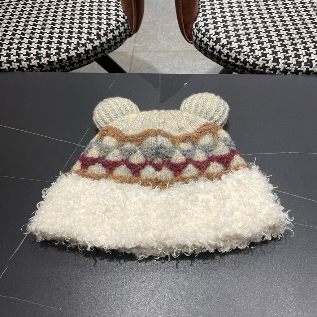 Prada 25 Cute Bear Ears Hat White Multicolor Knitted Woolen Fabric 125503