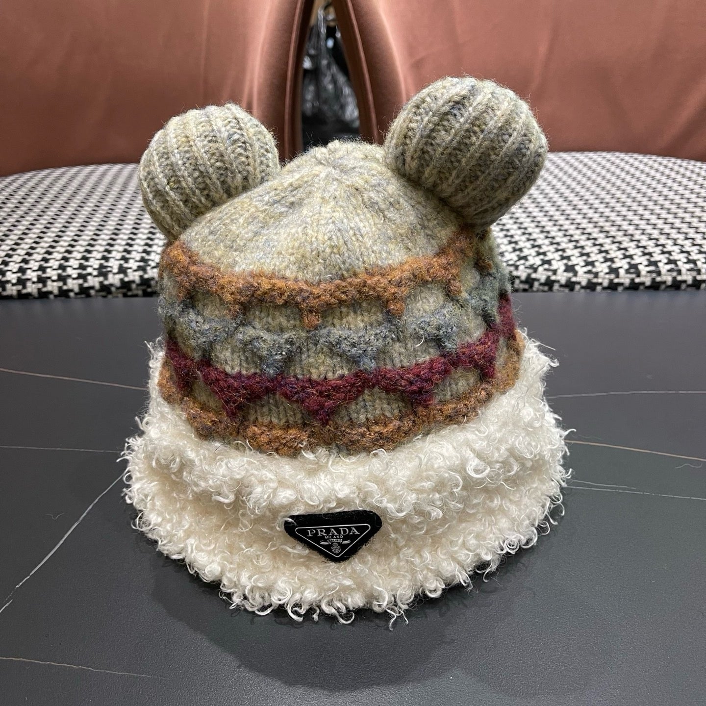 Prada 25 Cute Bear Ears Hat White Multicolor Knitted Woolen Fabric 125503