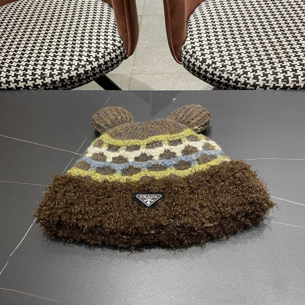 Prada 25 Cute Bear Ears Hat Dark Brown Multicolor Knitted Woolen Fabric 125502