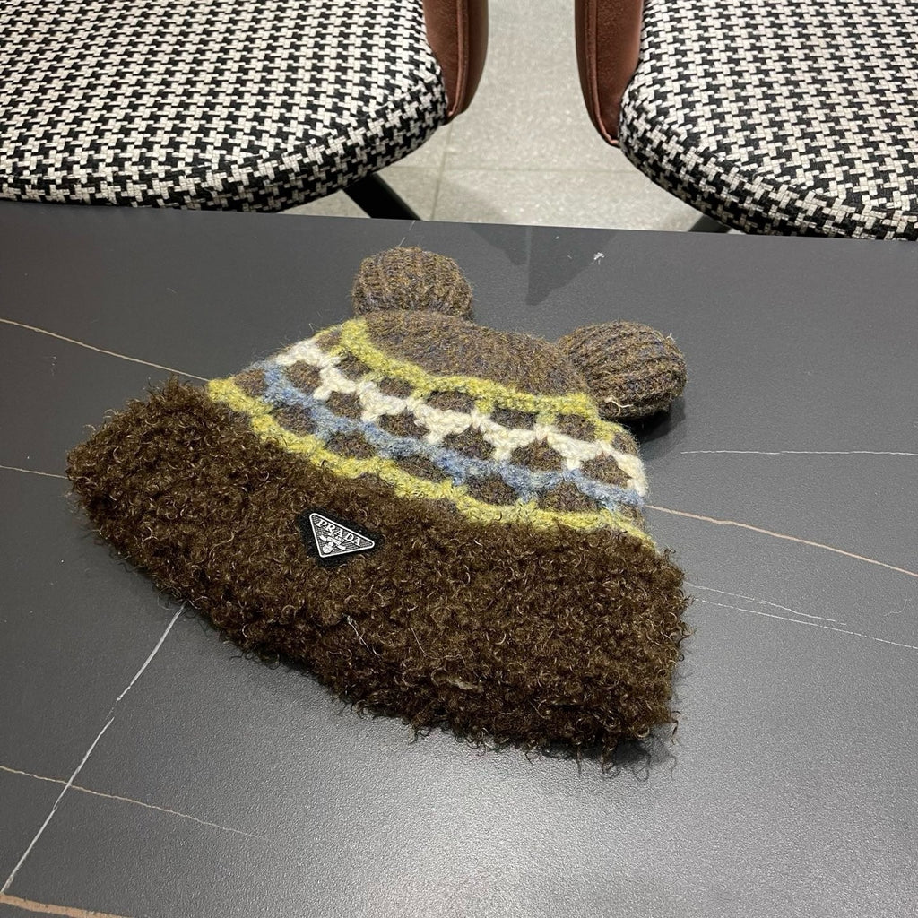 Prada 25 Cute Bear Ears Hat Dark Brown Multicolor Knitted Woolen Fabric 125502