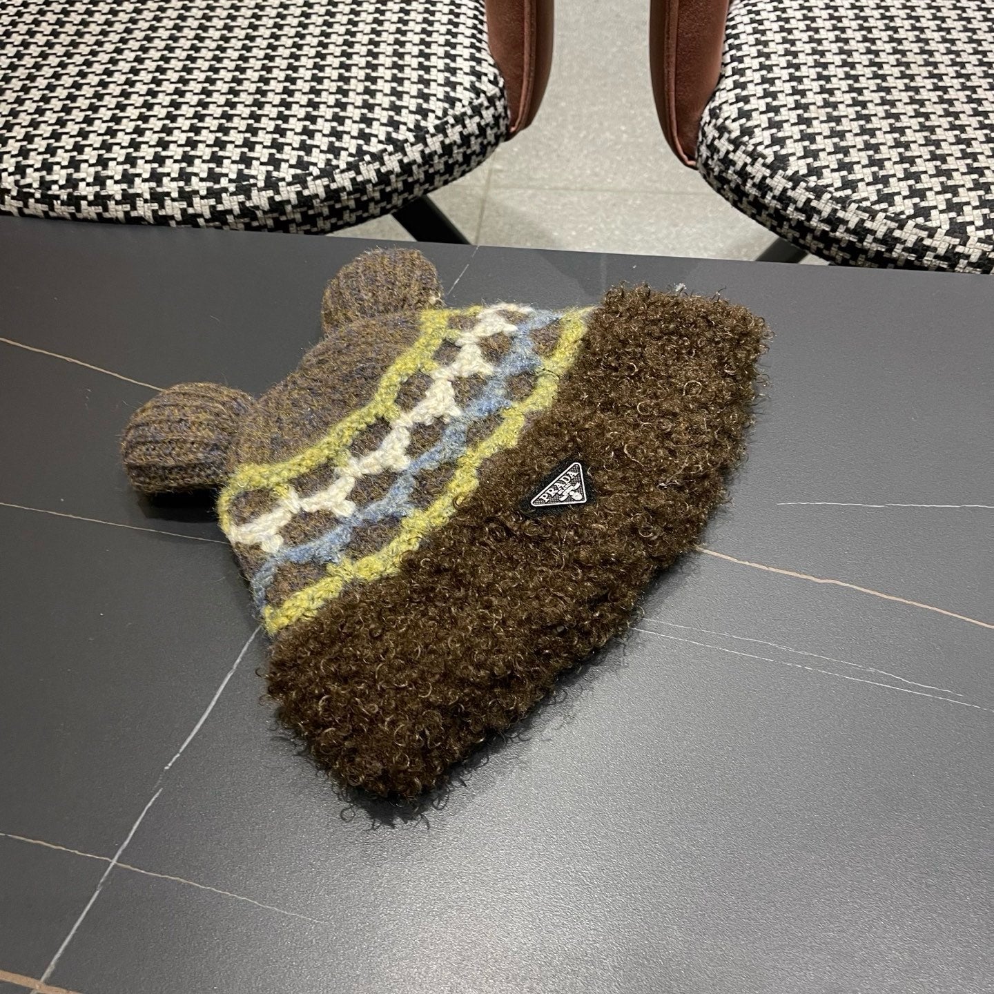 Prada 25 Cute Bear Ears Hat Dark Brown Multicolor Knitted Woolen Fabric 125502