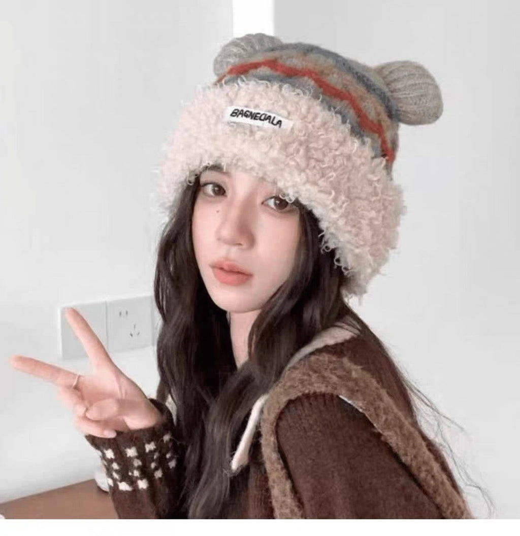 Prada 25 Cute Bear Ears Hat Cream Multicolor Knitted Woolen Fabric 125501