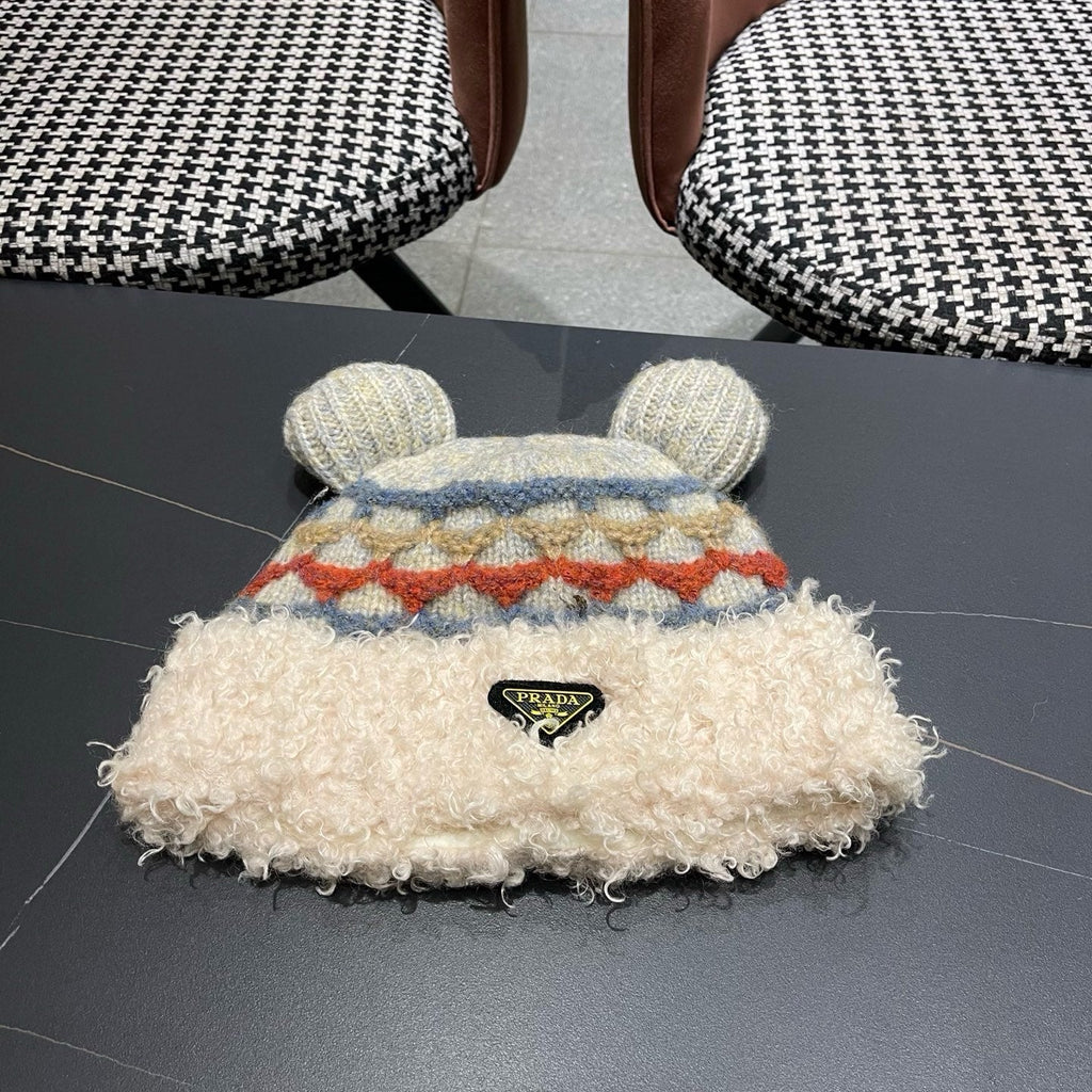 Prada 25 Cute Bear Ears Hat Cream Multicolor Knitted Woolen Fabric 125501
