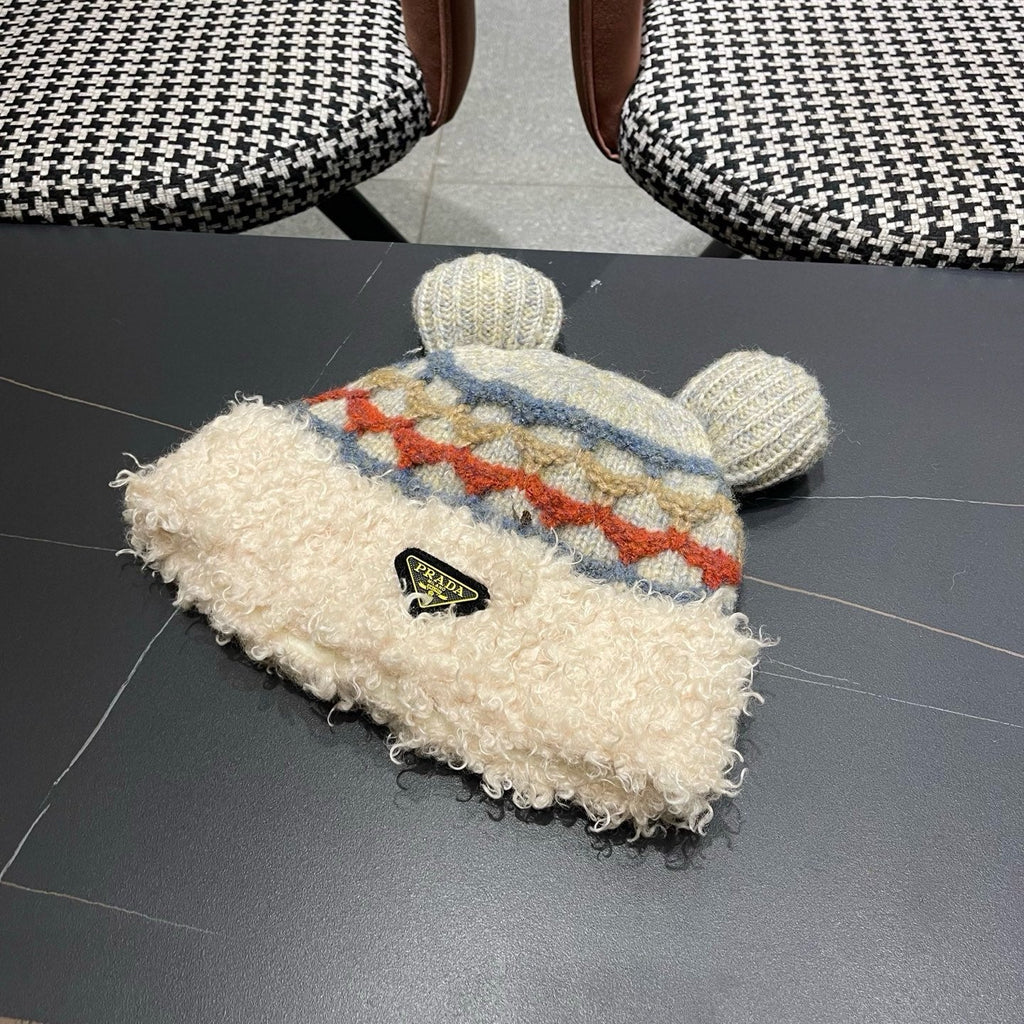 Prada 25 Cute Bear Ears Hat Cream Multicolor Knitted Woolen Fabric 125501