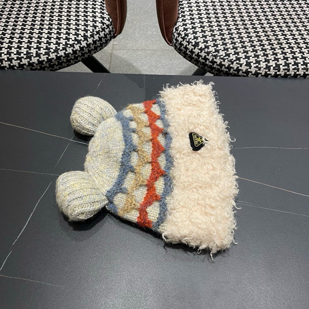 Prada 25 Cute Bear Ears Hat Cream Multicolor Knitted Woolen Fabric 125501