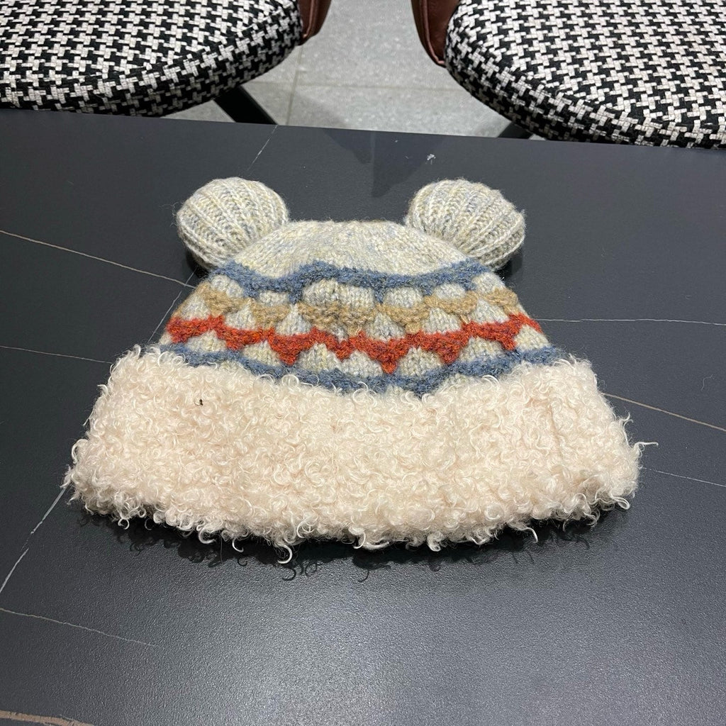 Prada 25 Cute Bear Ears Hat Cream Multicolor Knitted Woolen Fabric 125501