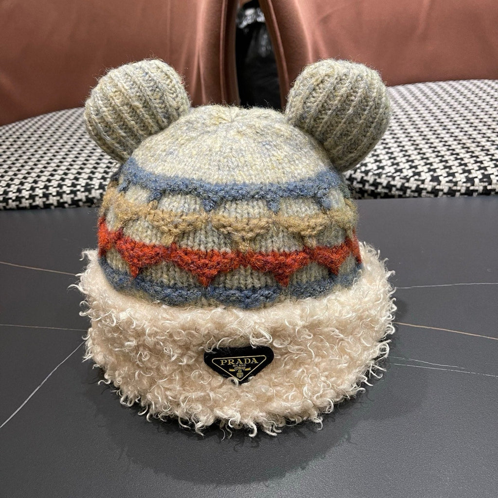 Prada 25 Cute Bear Ears Hat Cream Multicolor Knitted Woolen Fabric 125501