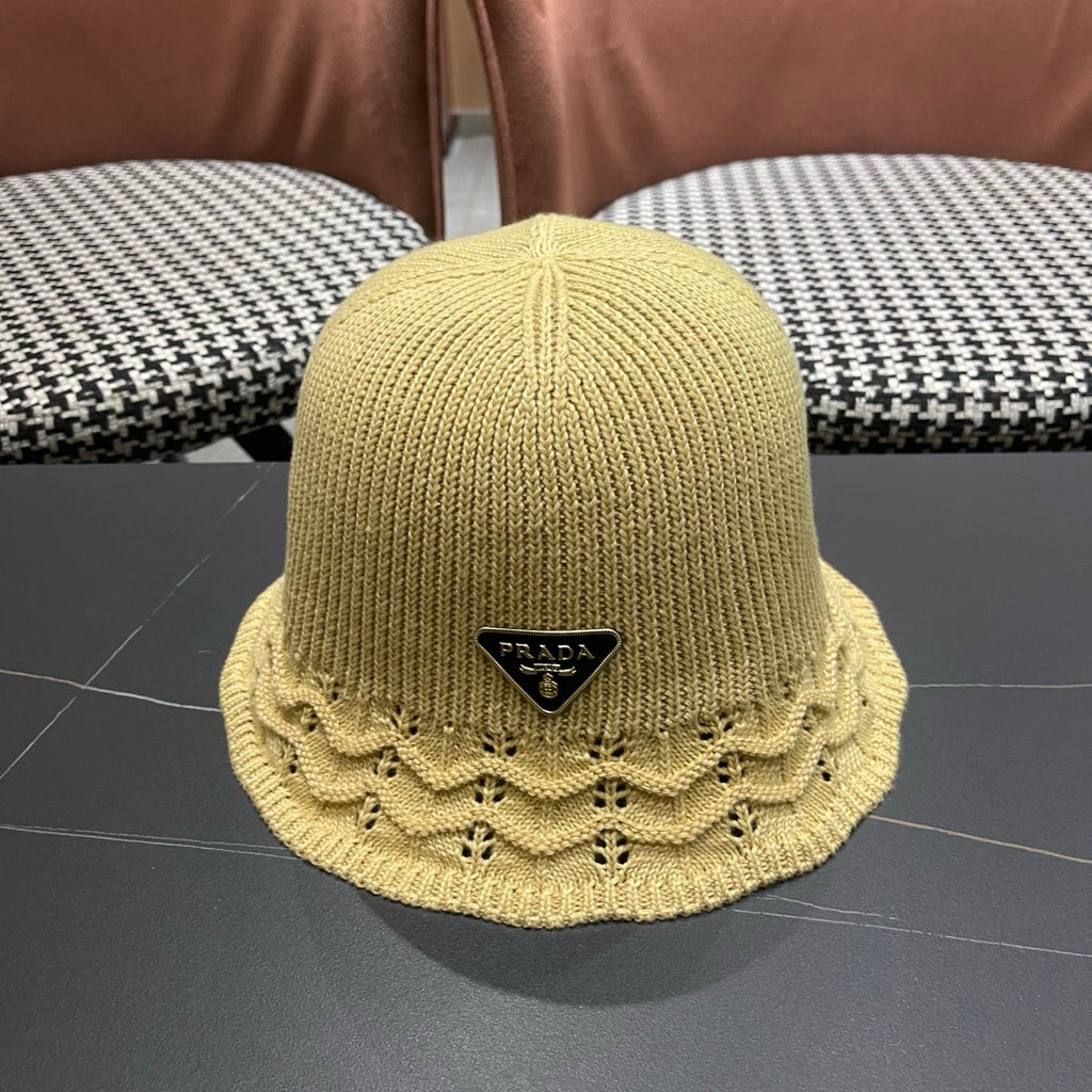 Prada Japanese Style Hollowed-out Bucket Hat Light Beige Knitted Woolen Fabric 123254