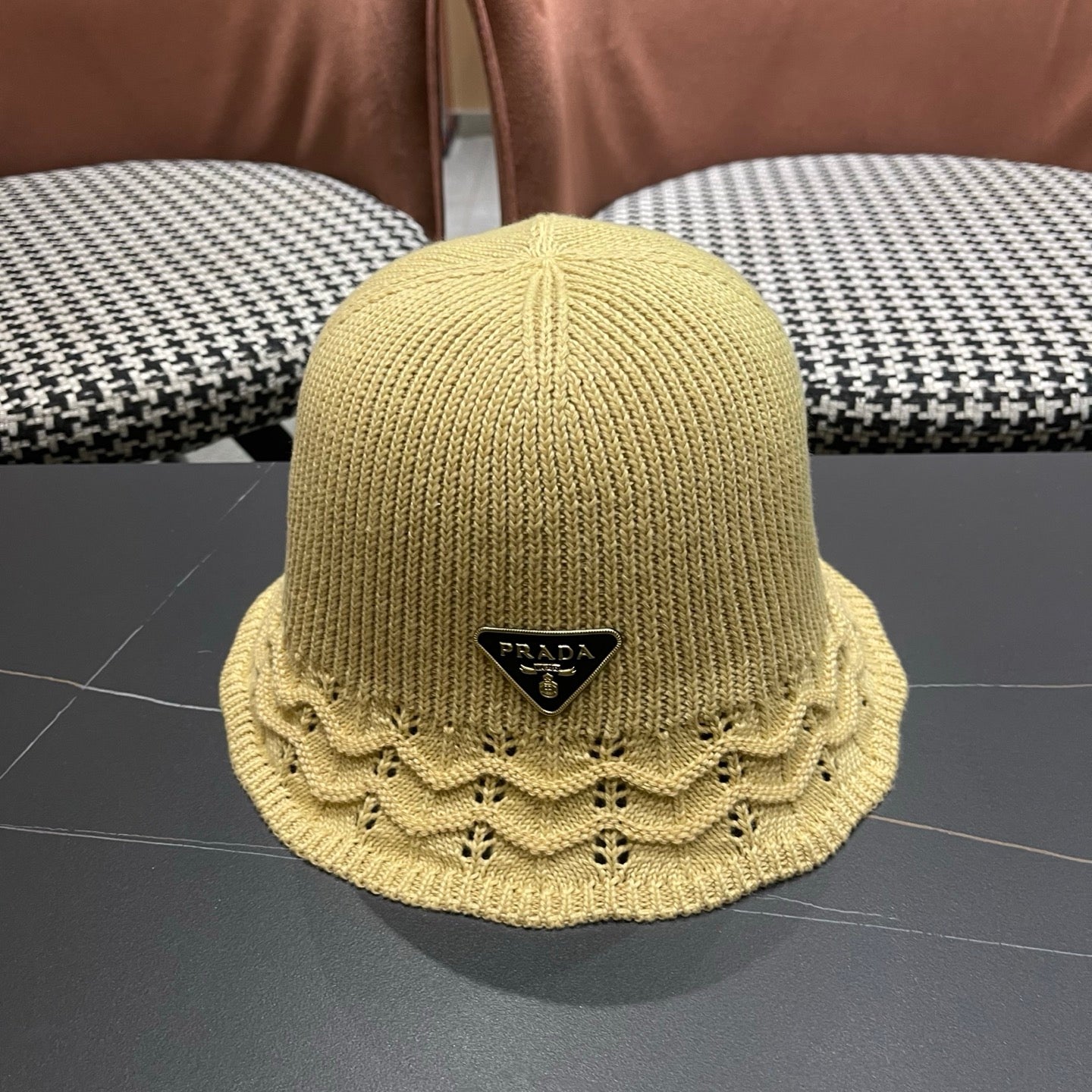 Prada Japanese Style Hollowed-out Bucket Hat Light Beige Knitted Woolen Fabric 123254