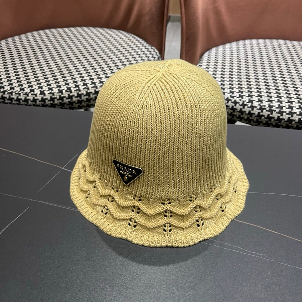 Prada Japanese Style Hollowed-out Bucket Hat Light Beige Knitted Woolen Fabric 123254