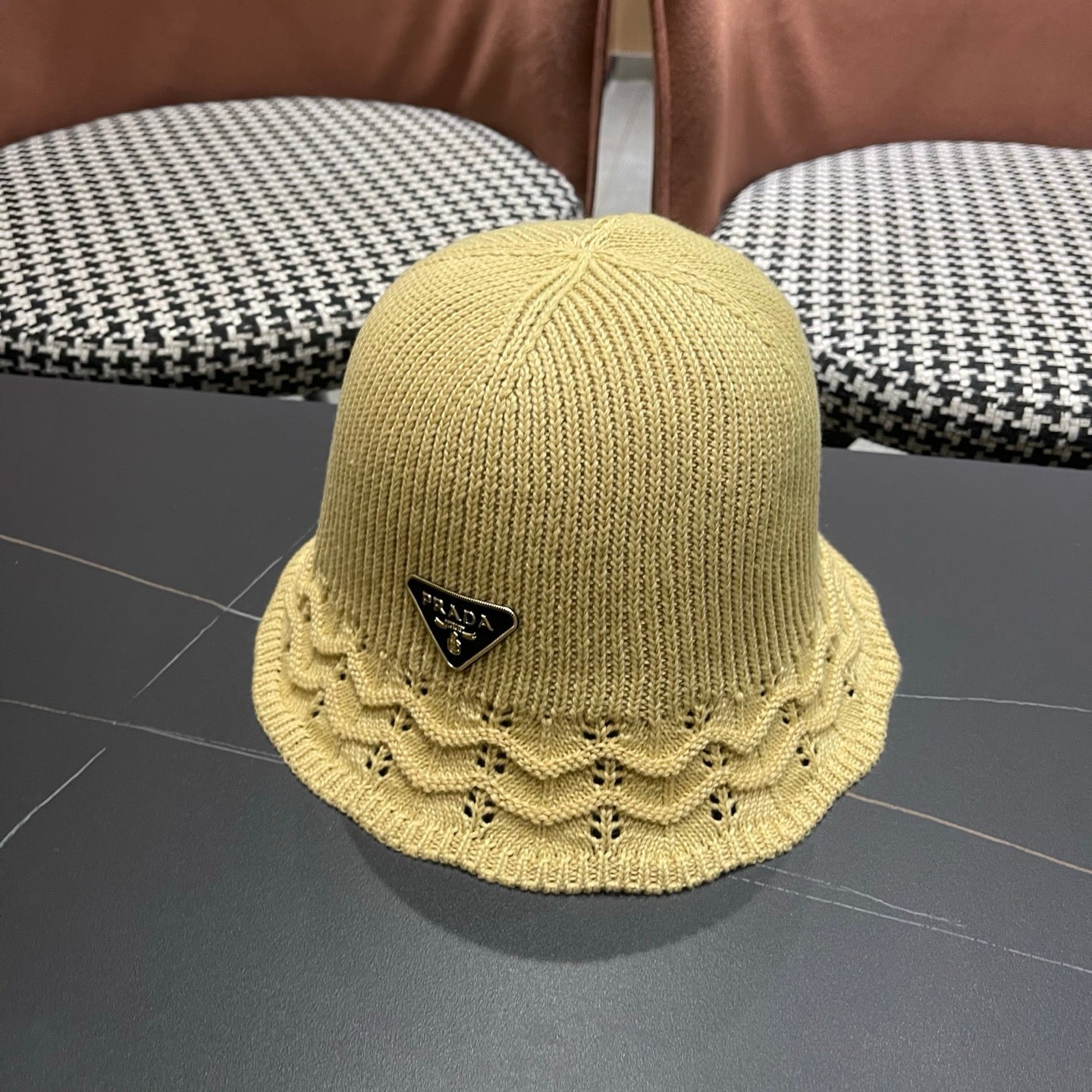 Prada Japanese Style Hollowed-out Bucket Hat Light Beige Knitted Woolen Fabric 123254