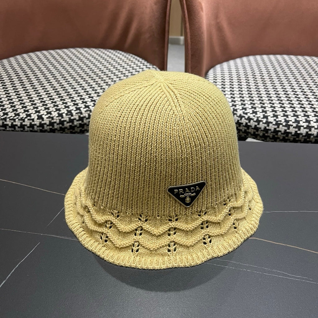 Prada Japanese Style Hollowed-out Bucket Hat Light Beige Knitted Woolen Fabric 123254