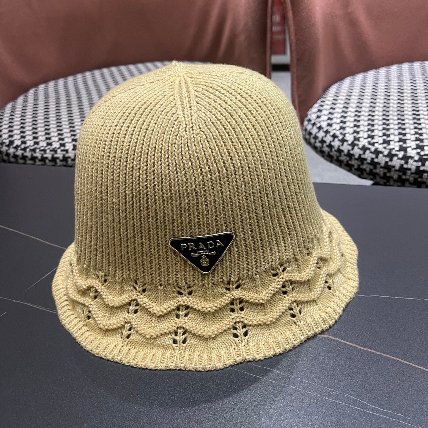 Prada Japanese Style Hollowed-out Bucket Hat Light Beige Knitted Woolen Fabric 123254