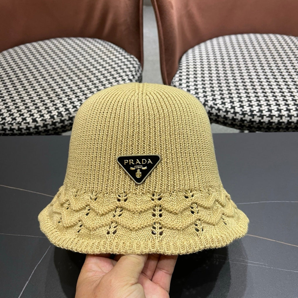 Prada Japanese Style Hollowed-out Bucket Hat Light Beige Knitted Woolen Fabric 123254