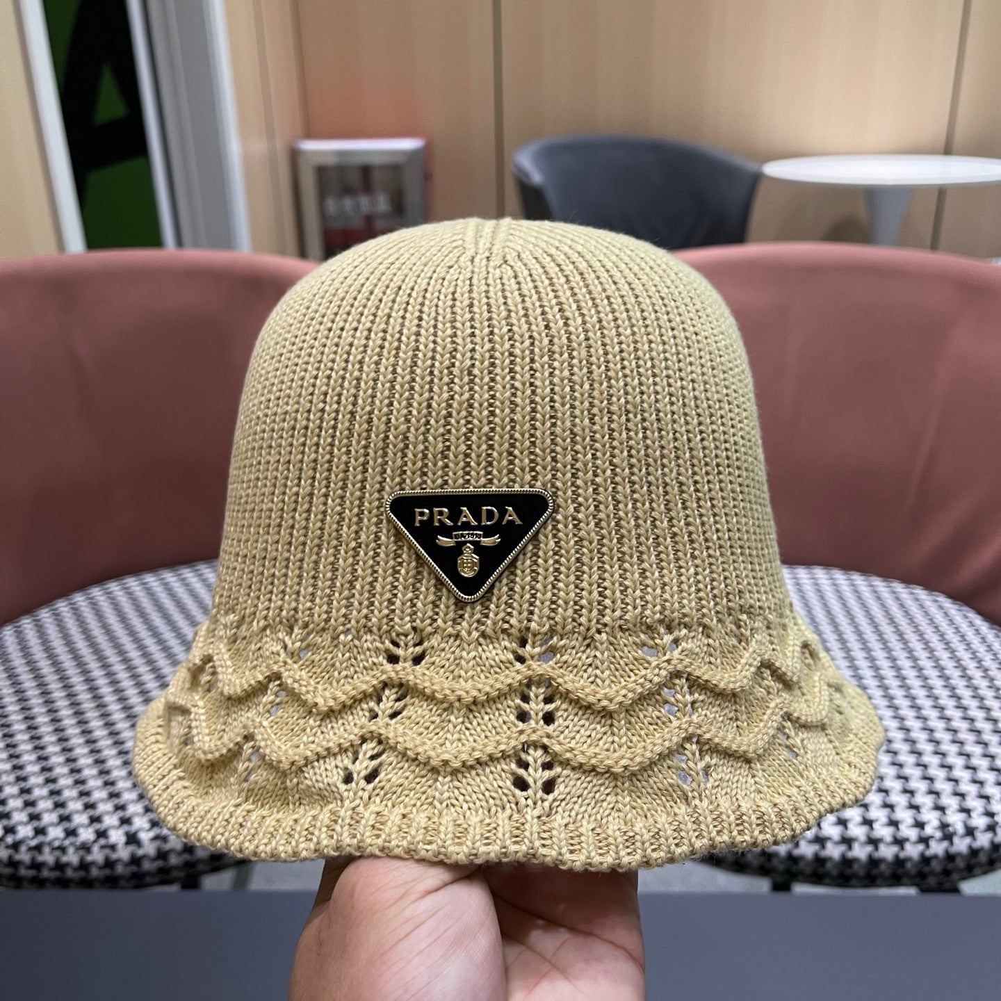 Prada Japanese Style Hollowed-out Bucket Hat Light Beige Knitted Woolen Fabric 123254