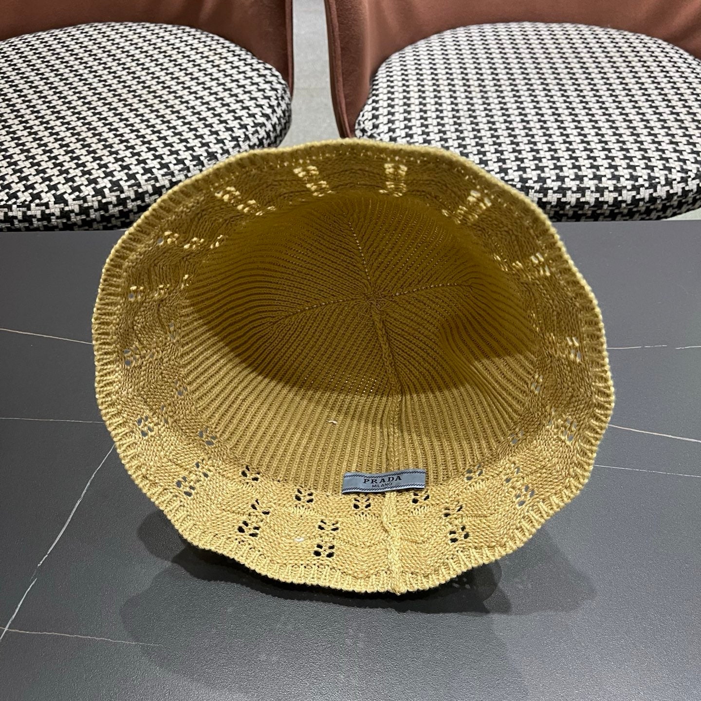 Prada Japanese Style Hollowed-out Bucket Hat Light Beige Knitted Woolen Fabric 123254