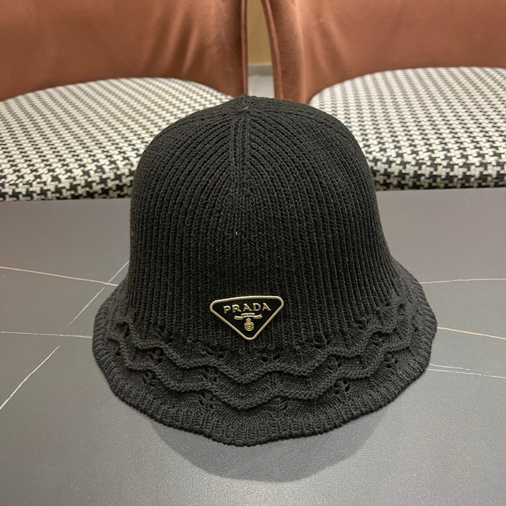 Prada Japanese Style Hollowed-out Bucket Hat Black Knitted Woolen Fabric 123253