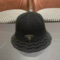 Prada Japanese Style Hollowed-out Bucket Hat Black Knitted Woolen Fabric 123253