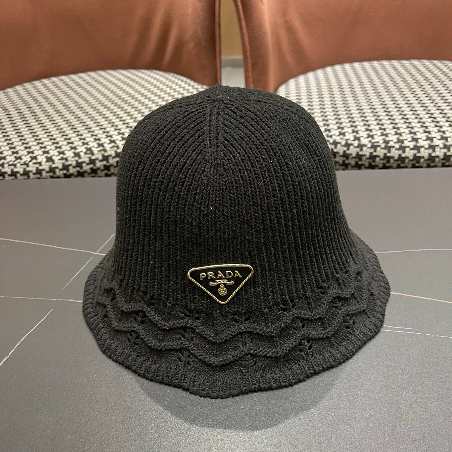 Prada Japanese Style Hollowed-out Bucket Hat Black Knitted Woolen Fabric 123253