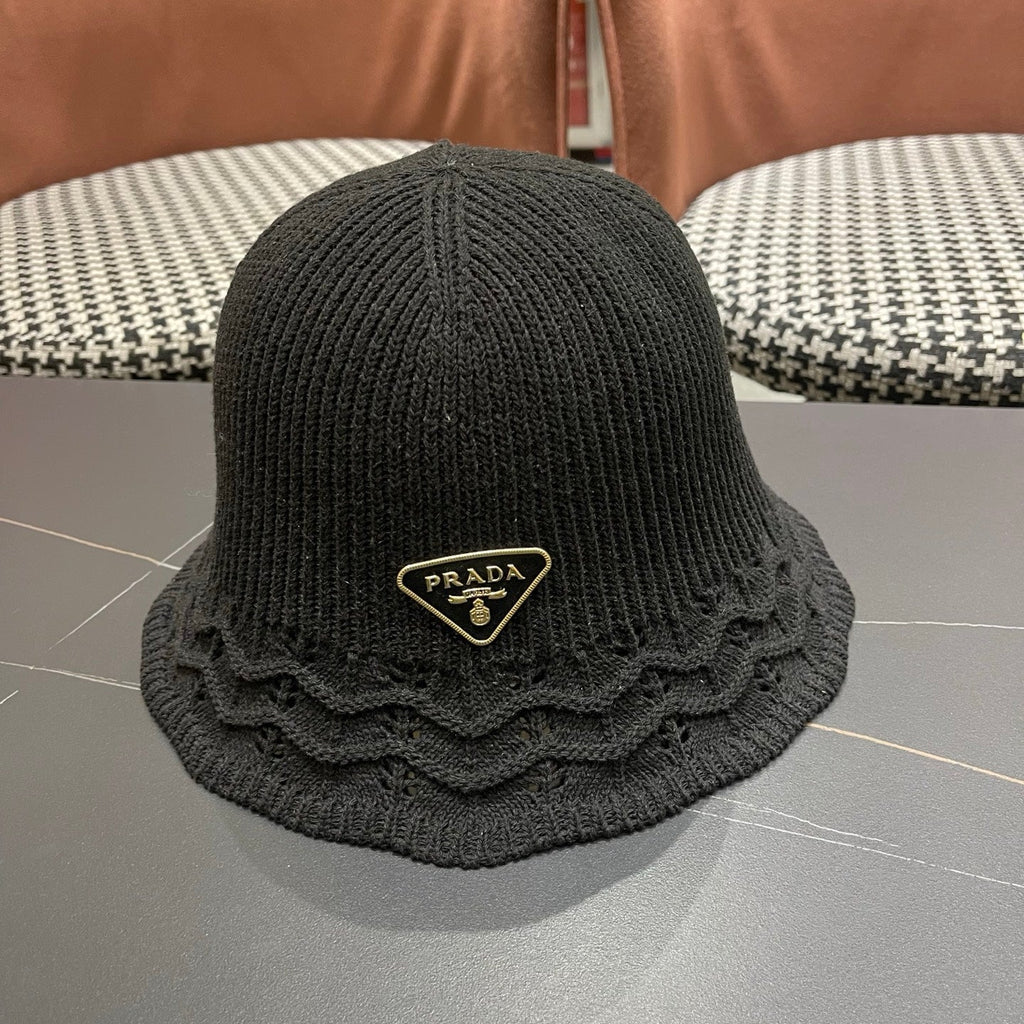 Prada Japanese Style Hollowed-out Bucket Hat Black Knitted Woolen Fabric 123253