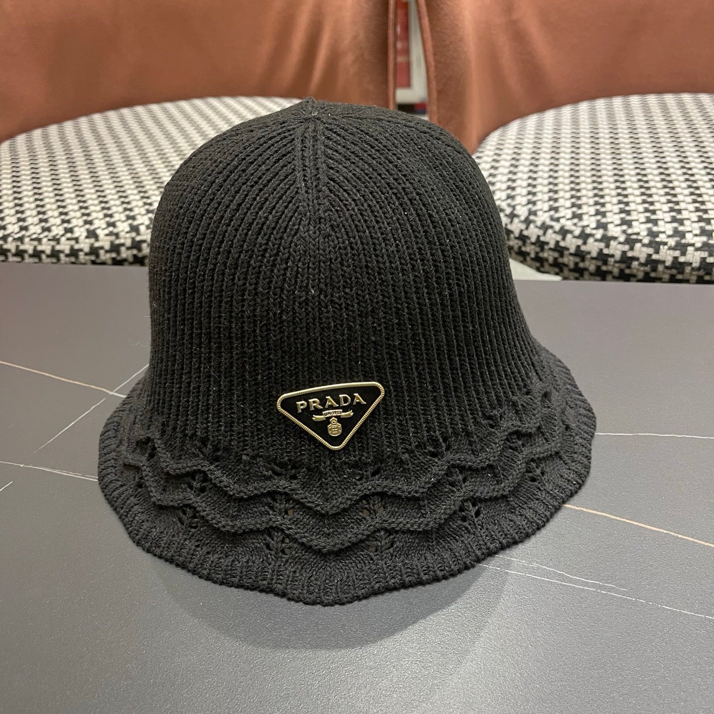 Prada Japanese Style Hollowed-out Bucket Hat Black Knitted Woolen Fabric 123253