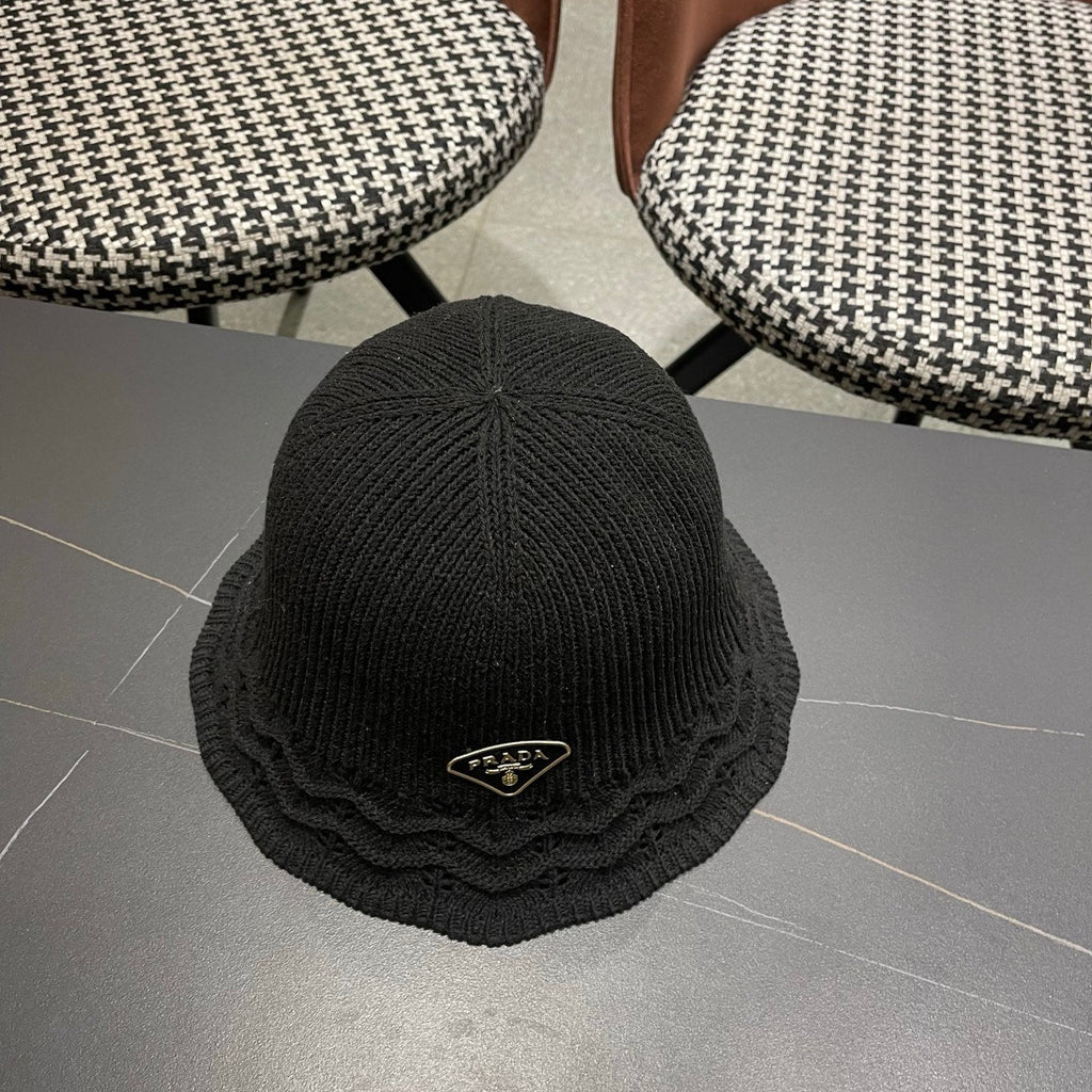 Prada Japanese Style Hollowed-out Bucket Hat Black Knitted Woolen Fabric 123253