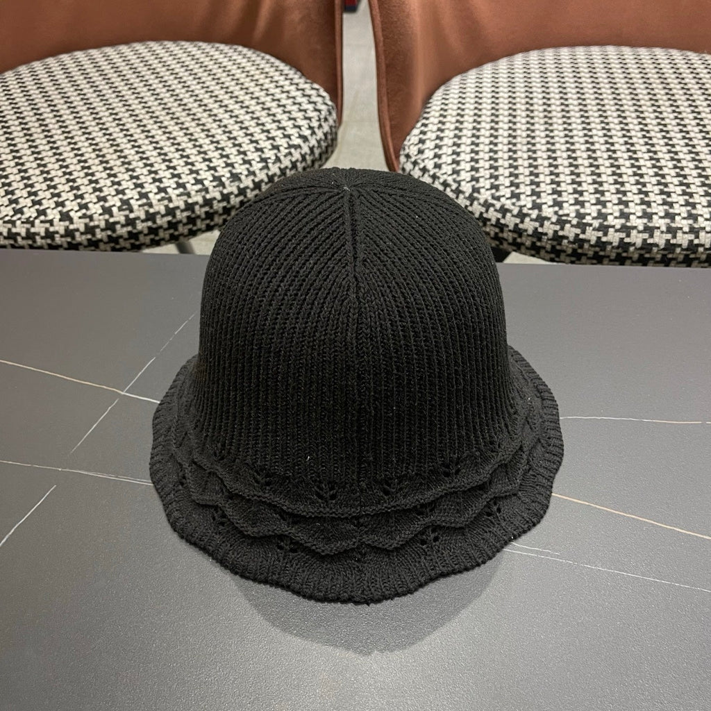 Prada Japanese Style Hollowed-out Bucket Hat Black Knitted Woolen Fabric 123253