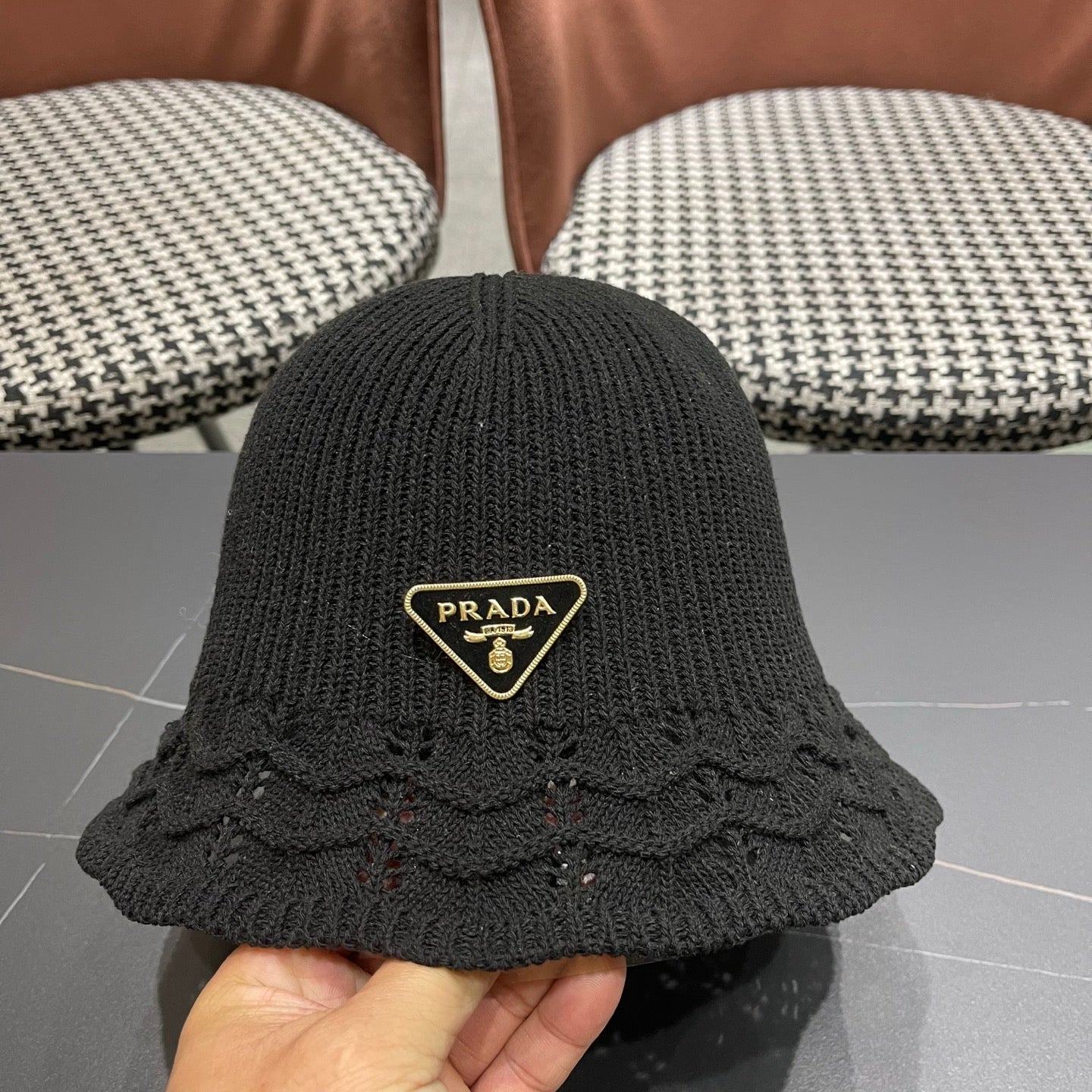 Prada Japanese Style Hollowed-out Bucket Hat Black Knitted Woolen Fabric 123253