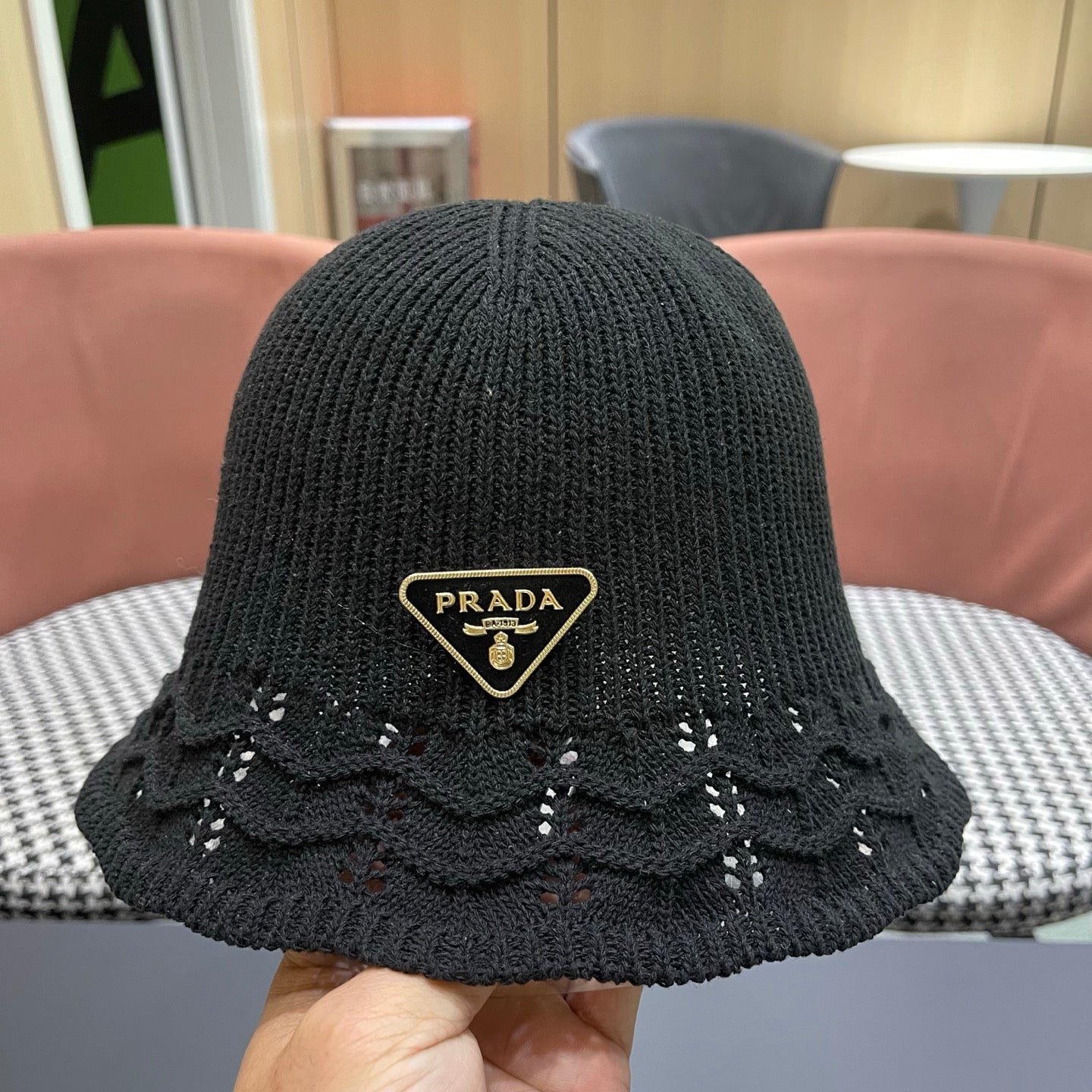 Prada Japanese Style Hollowed-out Bucket Hat Black Knitted Woolen Fabric 123253