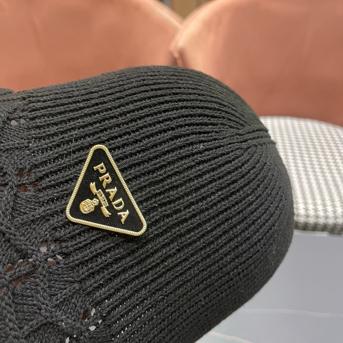 Prada Japanese Style Hollowed-out Bucket Hat Black Knitted Woolen Fabric 123253