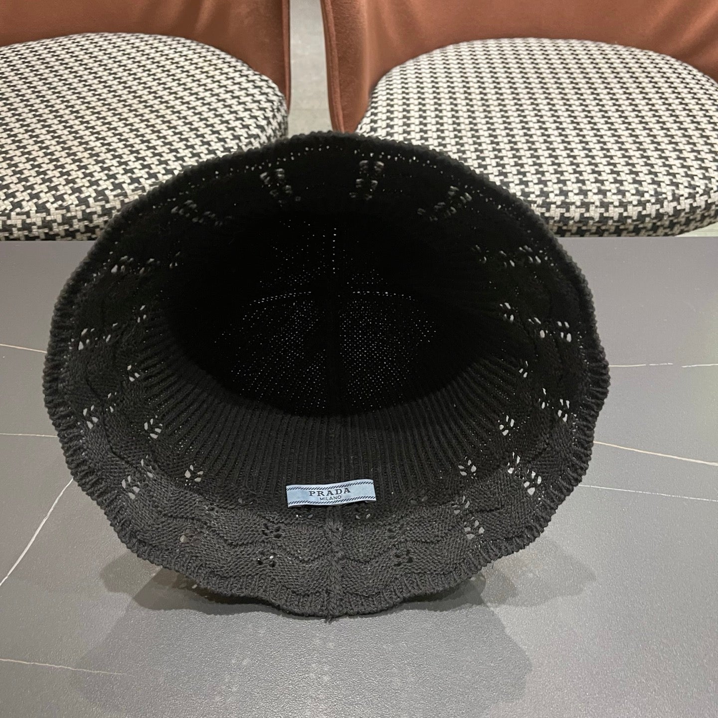 Prada Japanese Style Hollowed-out Bucket Hat Black Knitted Woolen Fabric 123253