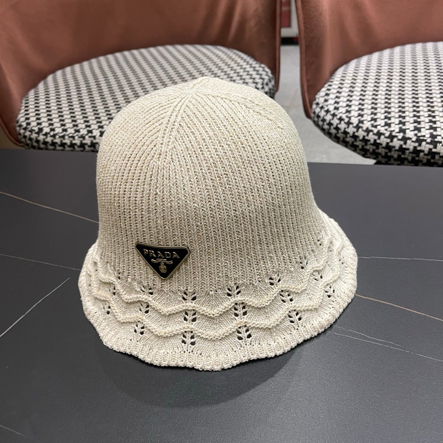 Prada Japanese Style Hollowed-out Bucket Hat White Knitted Woolen Fabric 123252