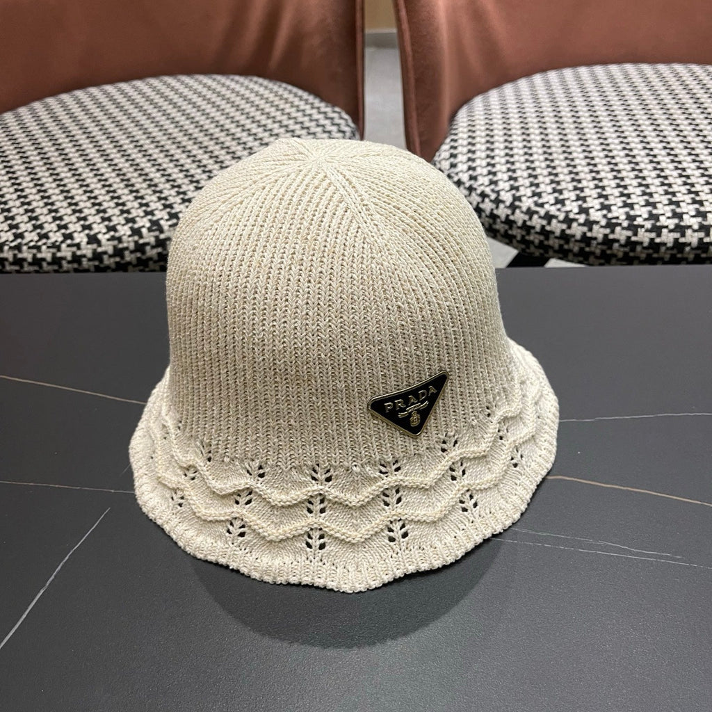 Prada Japanese Style Hollowed-out Bucket Hat White Knitted Woolen Fabric 123252