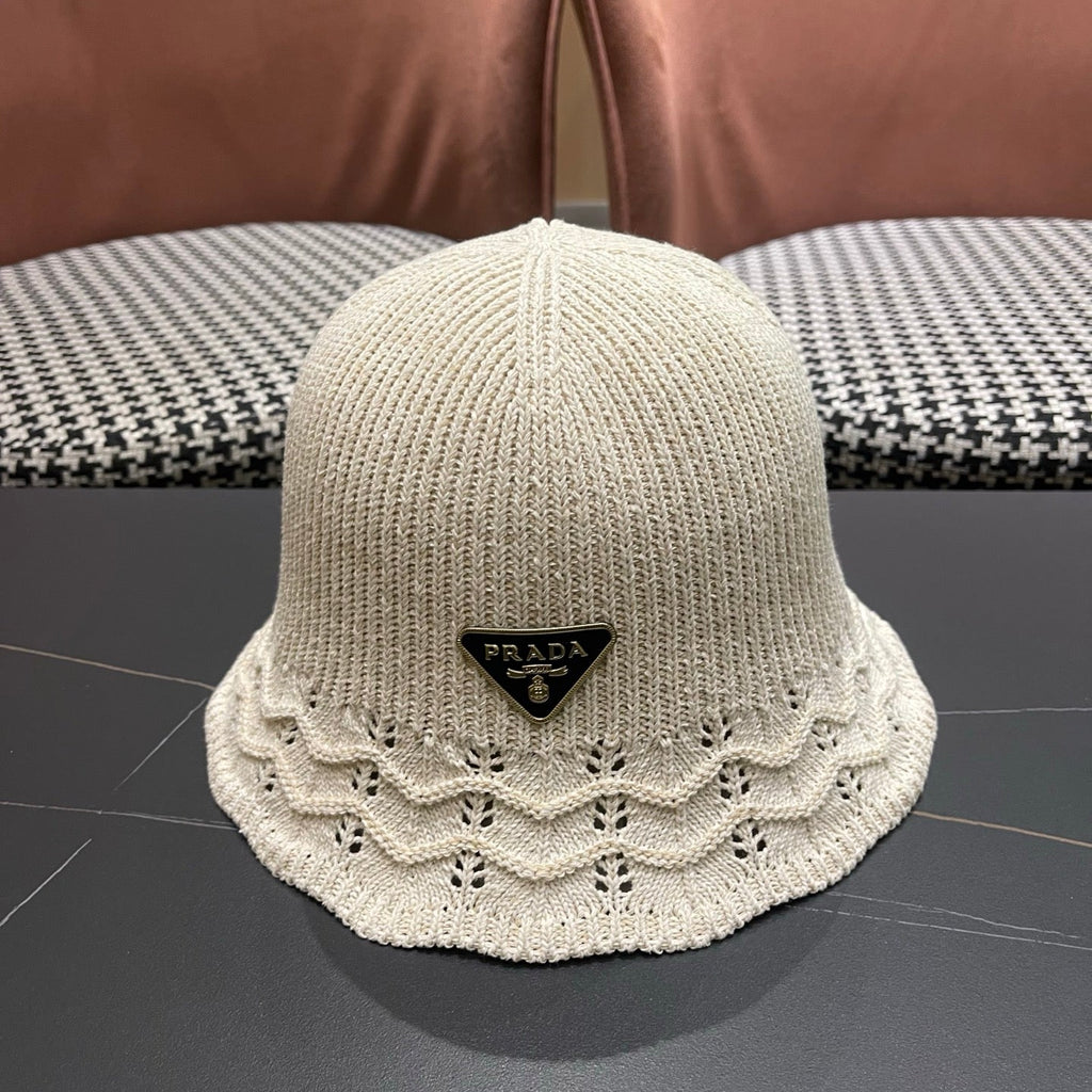 Prada Japanese Style Hollowed-out Bucket Hat White Knitted Woolen Fabric 123252