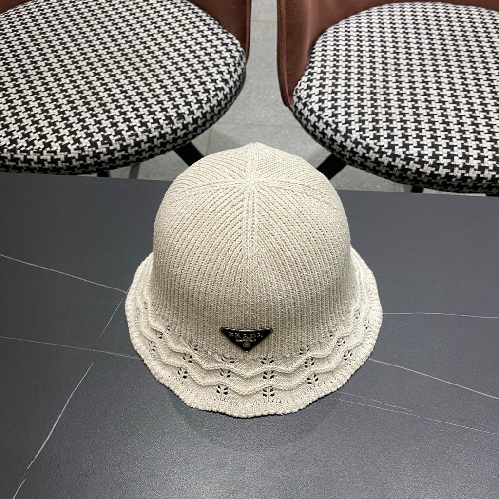 Prada Japanese Style Hollowed-out Bucket Hat White Knitted Woolen Fabric 123252