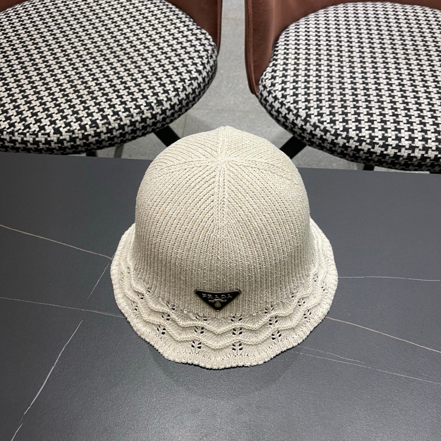 Prada Japanese Style Hollowed-out Bucket Hat White Knitted Woolen Fabric 123252