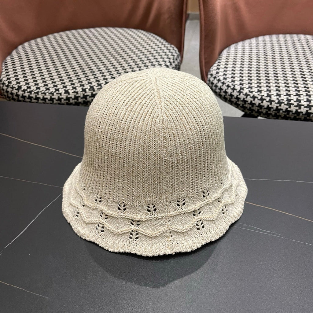 Prada Japanese Style Hollowed-out Bucket Hat White Knitted Woolen Fabric 123252