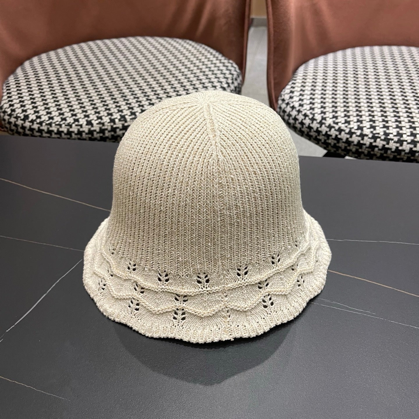 Prada Japanese Style Hollowed-out Bucket Hat White Knitted Woolen Fabric 123252