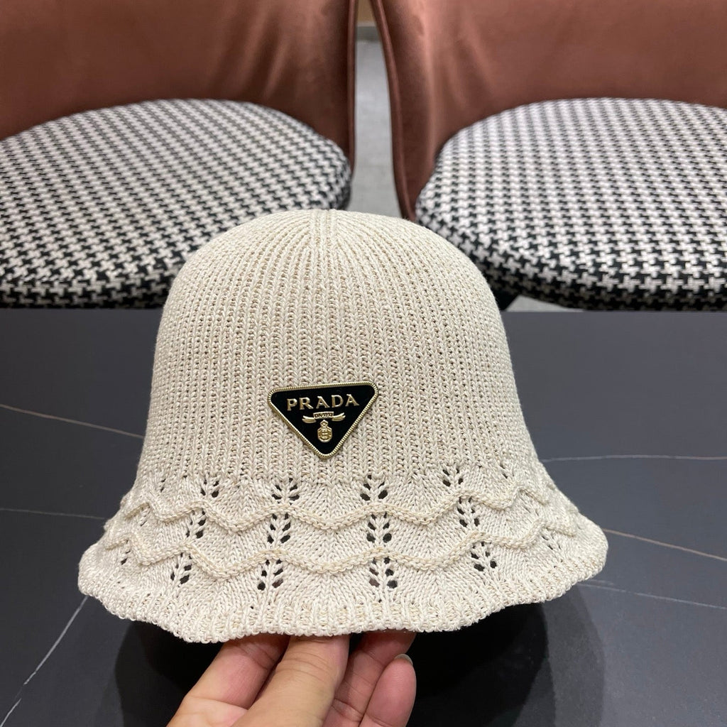 Prada Japanese Style Hollowed-out Bucket Hat White Knitted Woolen Fabric 123252