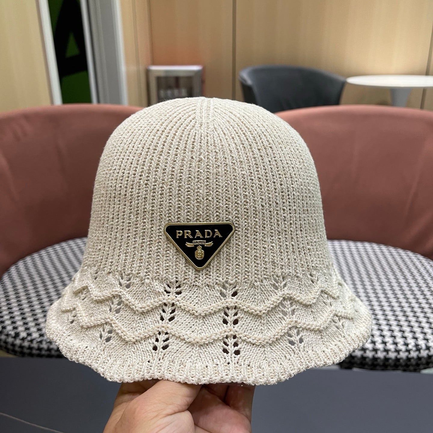 Prada Japanese Style Hollowed-out Bucket Hat White Knitted Woolen Fabric 123252