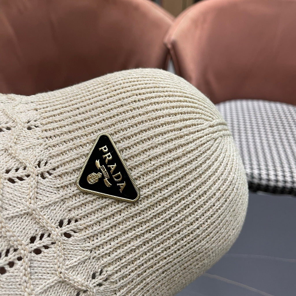 Prada Japanese Style Hollowed-out Bucket Hat White Knitted Woolen Fabric 123252
