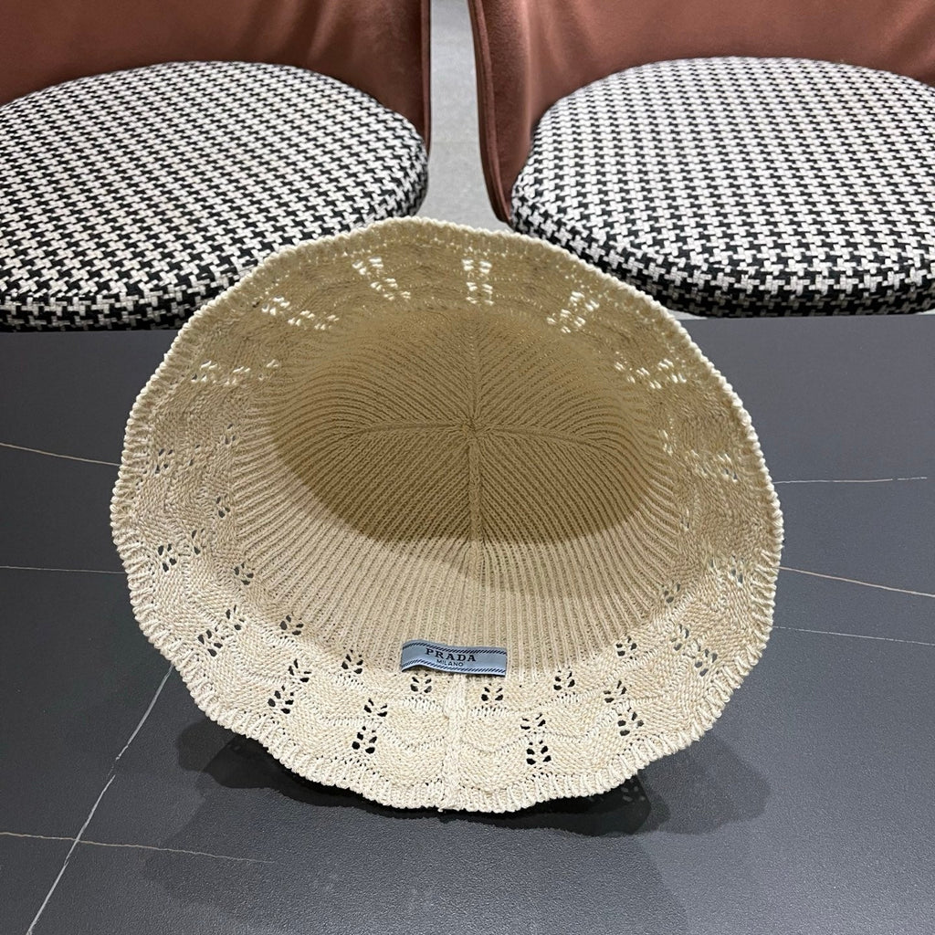 Prada Japanese Style Hollowed-out Bucket Hat White Knitted Woolen Fabric 123252