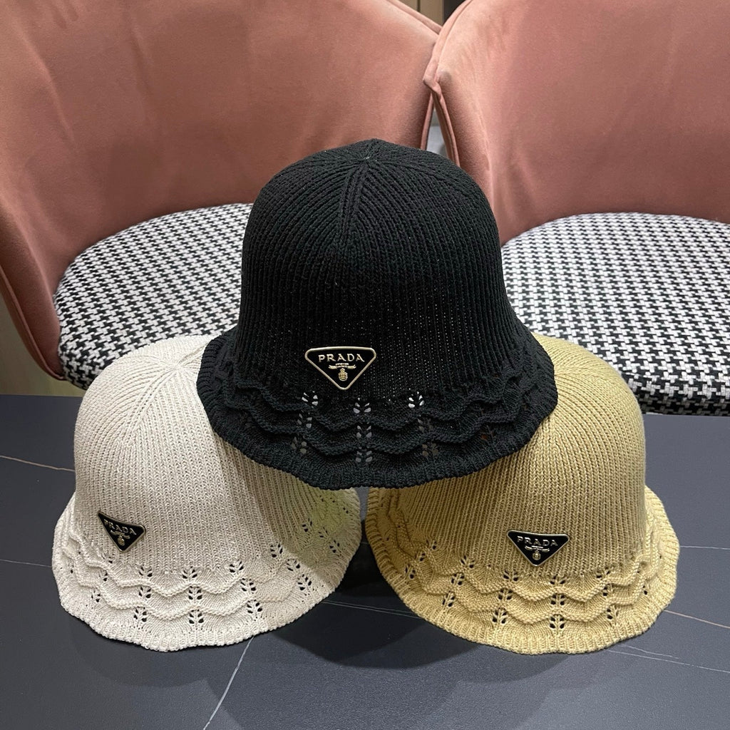 Prada Japanese Style Hollowed-out Bucket Hat White Knitted Woolen Fabric 123252