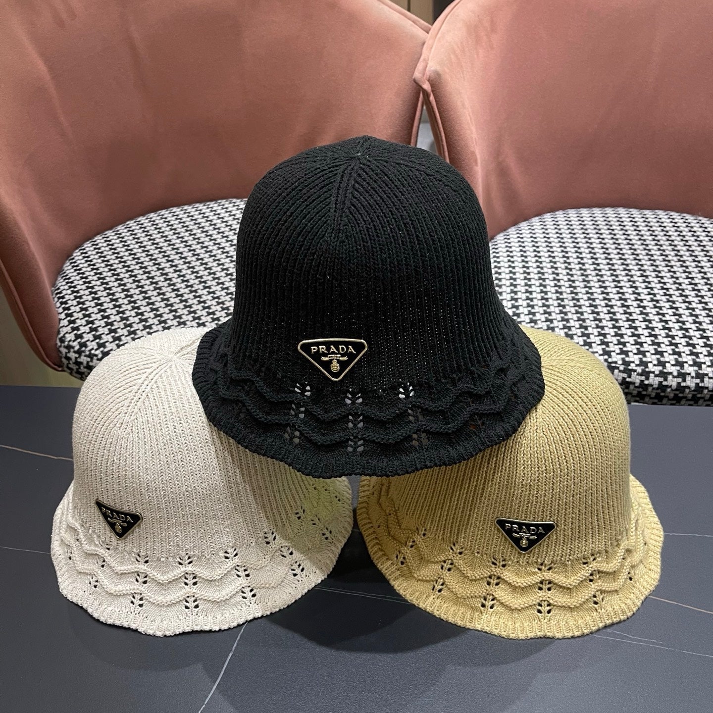 Prada Japanese Style Hollowed-out Bucket Hat White Knitted Woolen Fabric 123252