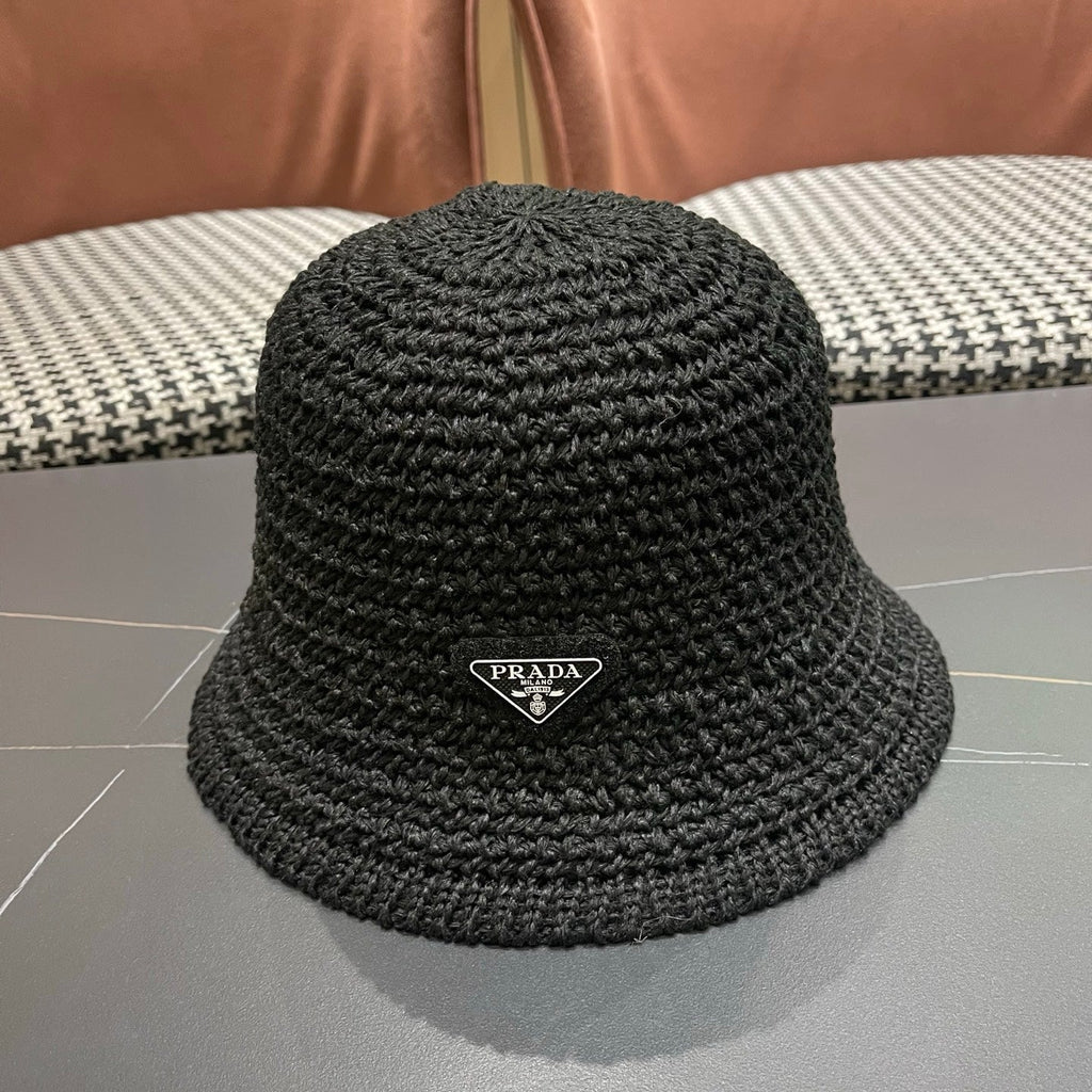Prada 26 Prada Straw Hat Black Knitted Woolen Fabric 123229