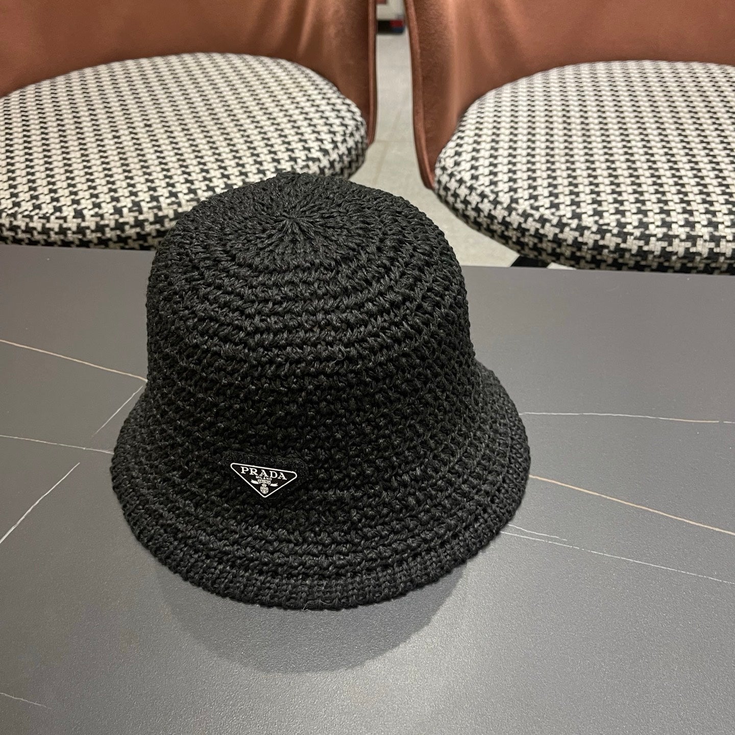 Prada 26 Prada Straw Hat Black Knitted Woolen Fabric 123229